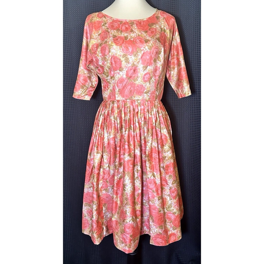 Vintage 1950s Dress Rose Floral Print Cotton Half Sleeve Stunning Dress
